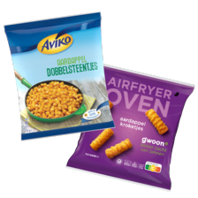 Aviko of g'woon aardappelkroketjes,  -dobbelsteentjes, -bolletjes,  gekruide partjes of puree